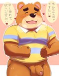 anthro balls blush brown_nose clothing eyes_closed flaccid foreskin genitals heart_symbol humanoid_genitalia humanoid_hands humanoid_penis kemono male partially_retracted_foreskin penis shirt simple_background slightly_chubby solo text topwear shimo_kawa animal_crossing nintendo teddy_(animal_crossing) bear mammal 2020 2022 absurd_res hi_res japanese_text