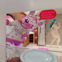 anthro big_breasts birthmark breasts cake clothed clothing confusion dessert female food fur hair heterochromia hoodie kitchen male markings nude pink_body pink_fur pink_hair speech_bubble text topwear white_body white_fur white_hair burtrevolution voices_of_the_void burtrevolution_(burtrevolution) alien aquatic ariral arthropod canid canine crustacean fox human humanoid mammal shrimp 3d_(artwork) absurd_res blender_(artwork) digital_media_(artwork) hi_res