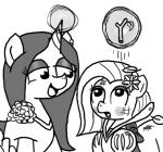 clothing dress duo ear_piercing earth_pony emerald_jewel_(colt_quest) equid equine fan_character female feral ficficponyfic flower hasbro horn horse joyride_(colt_quest) magic magic_user male mammal monochrome my_little_pony mythological_creature mythological_equine mythology piercing plant pony ribbons simple_background unicorn young young_feral
