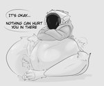 abdominal_bulge anthro belly big_belly big_ears blorp bottomless bulge clothed clothing crossed_arms endosoma eyes_closed fluffy fluffy_tail fur hoodie hoodie_only long_tail machine navel neck_tuft rumbling_stomach safe_vore same_size_vore sitting solo tail text thick_thighs topwear topwear_only tuft vore white_body white_fur wide_hips gurglegluts buddy_(gurglegluts) protogen 6:5 english_text greyscale hi_res monochrome