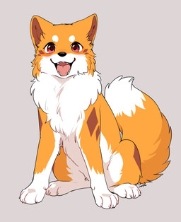 ambiguous_gender blush brown_inner_ear brown_markings canine_teeth cheek_tuft countershading dipstick_tail facial_markings facial_tuft feral fluffy fluffy_tail fur happy head_markings light_blush looking_at_viewer markings multicolored_body multicolored_fur open_mouth open_smile orange_body orange_fur orange_tail pink_tongue pointy_ears prick_ears quadruped red_eyes sitting smile smiling_at_viewer solo tail tail_markings teeth tongue tuft white_body white_fur white_tail_tip tsukune_minaga kitsuneinu canid canine canis domestic_dog mammal 2025 digital_media_(artwork) hi_res signature