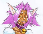 arm_tuft bell bell_collar blep brown_body brown_skin collar eyes_closed fur hair inner_ear_fluff male pink_hair purple_hair shoulder_tuft tongue tongue_out tuft white_body white_fur the_fedor_corpse chessly animal_humanoid cat_humanoid felid felid_humanoid feline feline_humanoid humanoid mammal mammal_humanoid headshot_portrait portrait traditional_media_(artwork)