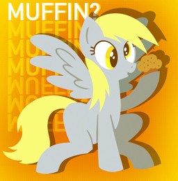 blonde_hair cross-eyed female feral food grey_body hair muffin orange_background simple_background sitting smile solo wings catponything friendship_is_magic hasbro my_little_pony mythology derpy_hooves_(mlp) equid equine horse mammal mythological_creature mythological_equine pegasus pony absurd_res hi_res