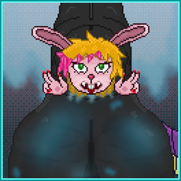 ahegao anthro balls balls_outline black_balls blonde_hair blue_border bodily_fluids border buckteeth bulge cock_vore colored_nails cum detailed_bulge double_v_sign duo fangs female genital_fluids genital_outline genitals gesture glowing glowing_cum hair hand_gesture imminent_death imminent_vore looking_pleasured machine male male/female nails penile penis pink_body recycle recycling synthetic tail teeth unusual_bodily_fluids unusual_cum unusual_genital_fluids v_sign vore milkybun29 milky_rivas lagomorph mammal robot robot_anthro 1:1 digital_media_(artwork) pixel_(artwork)