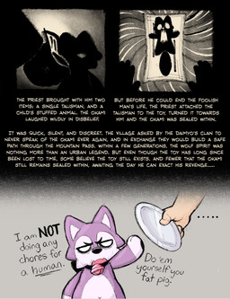 bell bell_collar belly cheek_tuft collar dialogue dish facial_tuft multicolored_body navel open_mouth paws plushie purple_body sealed talisman teeth text tuft zlut385 nuikami_(zlut385) animate_inanimate canid canine canis human living_plushie mammal wolf colored comic digital_drawing_(artwork) digital_media_(artwork) english_text hi_res story