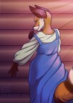 anthro blue_clothing blue_dress clothed clothing dress female fur simple_background smile solo lirkov canid canine fox mammal red_fox true_fox digital_media_(artwork) hi_res