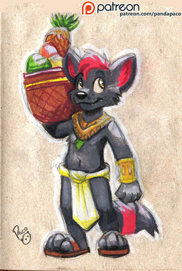 accessory anthro black_body black_fur black_nose clothed clothing food front_view fruit fur glistening glistening_eyes hair logo male markings mouth_closed plant red_hair red_inner_ear short_hair simple_background solo standing striped_markings striped_tail stripes tail tail_markings text topless yellow_eyes young young_anthro young_male pandapaco canid canine mammal artist_logo signature url