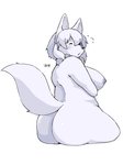 anthro areola bodily_fluids breasts butt eyebrow_through_hair eyebrows eyes_closed female flying_sweatdrops fur grey_areola grey_nipples hair kemono nipples nude open_mouth simple_background solo sweat sweatdrop translucent translucent_hair kogitune canid canine mammal 2019 3:4