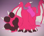 anthro breasts claws featureless_breasts feet female foot_focus green_eyes horn membrane_(anatomy) membranous_wings pawpads pink_body pink_scales scales solo toe_claws wings allandox mythology eve_softpaw dragon mythological_creature mythological_scalie scalie hi_res