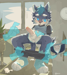 4_toes 5_fingers all_fours anthro big_penis black_bottomwear black_clothing black_shorts black_sleeves blue_body blue_clothing blue_eyes blue_fur blue_hair blue_shirt blue_topwear blush bodily_fluids bottomwear bottomwear_down classroom classroom_nudity clothed clothing cum cum_in_ass cum_inside disembodied_hand erection feet fingers fur genital_fluids genitals group hair humanoid_genitalia humanoid_penis kemono male male/male partially_clothed penis recording_sex school school_uniform shirt shorts shorts_down shota solo_focus toes topwear undressing_another uniform white_body white_fur young regcron canid canine canis domestic_dog husky mammal nordic_sled_dog spitz hi_res
