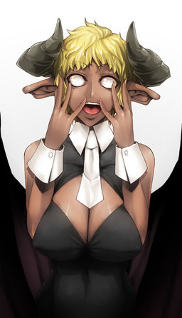 blind blonde_hair breasts cleavage clothed clothing dark_body dark_skin disability female hair horn humanoid_pointy_ears open_mouth pointy_ears solo white_eyes ifuji_shinsen demon humanoid 2008
