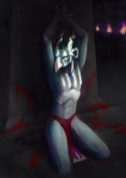 anthro beak blood blood_stain blue_body bodily_fluids bottomwear bound chain chained chained_up clothed clothing cuff_(restraint) dungeon hair hands_above_head horn kneeling loincloth loincloth_only male muscular muscular_anthro muscular_male restraints solo topless elysianaut warhammer_(franchise) warhammer_fantasy lazrix_(maaarked_one) avian beastman_(warhammer) tzaangor digital_media_(artwork) hi_res