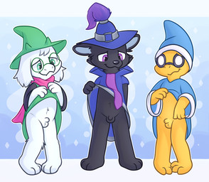animal_genitalia anthro balls black_body black_fur clothed clothing clothing_lift eyewear flaccid fur genitals glasses green_eyes group hat headgear headwear male male/male penis purple_eyes scales sheath simple_background small_penis trio white_body white_fur yellow_body yellow_scales young coille conditional_dnp deltarune league_of_legends mario_bros nintendo riot_games tencent undertale_(series) kamek ralsei veigar bovid caprine goat koopa magikoopa mammal scalie yordle absurd_res hi_res