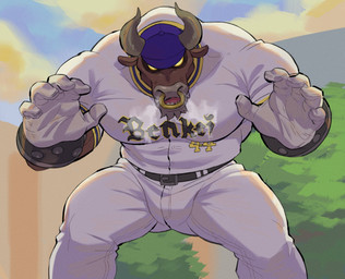 2_horns 5_fingers anthro barazoku baseball_cap baseball_uniform belt belt_buckle big_muscles bottomwear bovid_horn bovine_horn breath buckle clothed clothed_anthro clothed_male clothing cloud detailed_background empty_eyes facial_piercing fingers gloves handwear hat headgear headwear horn humanoid_hands jersey looking_at_viewer male manly muscular muscular_anthro muscular_male name_on_clothing name_on_jersey name_on_topwear nose_piercing nose_ring number_on_clothing number_on_topwear outside pants piercing ring_piercing shirt sky solo sportswear topwear uniform yellow_sclera adios yaiba_(series) benkei_musashibo bovid bovine cattle mammal 2025 absurd_res colored digital_drawing_(artwork) digital_media_(artwork) hi_res line_art portrait shaded three-quarter_portrait