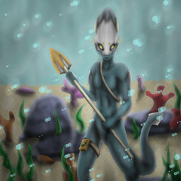 anthro bubble grey_body male melee_weapon polearm rock sand solo spear tail underwater water weapon ai-alchemy aquatic 1:1 source_request