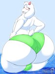 anthro balls big_balls big_butt blue_background blush blush_lines butt clothing femboy flustered genitals green_clothing green_panties green_underwear hand_on_hip horn huge_butt hyper hyper_butt looking_back male panties pink_eyes simple_background solo thick_thighs underwear water masterj291 deltarune toby_fox_(copyright) undertale_(series) ralsei bovid caprine goat mammal 2024 digital_media_(artwork) hi_res