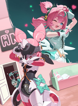 bent_arm blue_eyes blush bodily_fluids bow_(feature) breasts camera clothing cute_fangs door dress fangs female female_humanoid fingerless_gloves furniture gesture gloves hair hair_between_eyes hand_gesture handwear happy heart_symbol idol_group inside machine one_eye_closed open_door open_mouth pillow pink_hair pose raised_arms saliva small_breasts sneaking sofa standing taking_picture teeth virtual_reality white_clothing white_dress wings sagatin mihoyo zenless_zone_zero aria_(zenless_zone_zero) nangong_yu_(zenless_zone_zero) sunna_(zenless_zone_zero) angel angel_humanoid humanoid robot thiren absurd_res hi_res