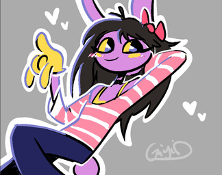 accessory ahoge anthro black_hair blue_bottomwear blue_clothing blue_pants blush blush_lines bottomwear bow_ribbon clothing female fur gloves grey_background hair hair_accessory hair_bow hair_ribbon hand_behind_own_head handwear heart_symbol long_hair looking_at_viewer off-shoulder_top outline pants pattern_clothing pattern_shirt pattern_topwear pink_clothing pink_shirt pink_topwear purple_body purple_fur ribbons shirt short_tail simple_background smile smiling_at_viewer solo striped_clothing striped_shirt striped_topwear stripes tail topwear white_outline yellow_clothing yellow_gloves yellow_handwear gigidutreix glitch_productions the_amazing_digital_circus gooseworx's_post-transition_jax_design jax_(tadc) lagomorph leporid mammal rabbit 2026 digital_media_(artwork) english_description trans_(lore) trans_woman_(lore)