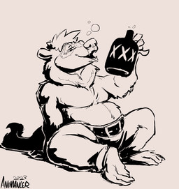 alcohol anthro belt beverage bottle bottomwear clothed clothing container drunk holding_bottle holding_container holding_object ink male pants simple_background sitting solo substance_intoxication topless white_background animancer kpokodul bear mammal black_and_white hi_res monochrome