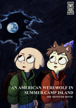 anthro backpack blush bottomwear brown_hair clothing cloud denim denim_bottomwear denim_clothing duo female hair hat headgear headwear jacket jeans looking_up male moon movie_poster outside pants party_hat pink_inner_ear pink_nose simple_eyes skirt tan_body text topwear young young_focus garabatoz an_american_werewolf_in_london cartoon_network summer_camp_island hedgehog_(sci) oscar_peltzer elephant elephantid eulipotyphlan hedgehog mammal proboscidean english_text watermark