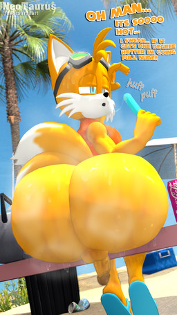 anthro backsack balls beach big_butt bodily_fluids bothered bottom_heavy bottomless bottomless_male butt clothed clothing electronics femboy flip_flops food footwear genitals heat_(temperature) huge_butt hyper hyper_butt male musk palm_tree penis plant popsicle radio saliva saliva_string sandals shoes small_penis solo sweat sweatdrop sweaty_butt text topwear topwear_only tree wide_hips neotaurus sega sonic_the_hedgehog_(series) miles_prower canid canine fox mammal 3d_(artwork) digital_media_(artwork) hi_res