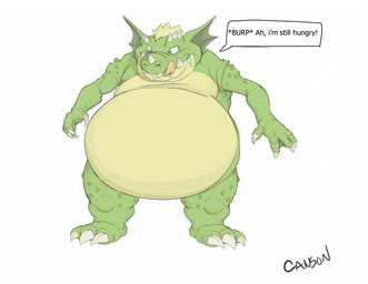 anthro belly big_belly blonde_hair bodily_fluids burping dialogue drooling fangs green_body hair horn huge_belly licking licking_lips male male_pred saliva teeth text tongue tongue_out vore yellow_body canson power_rangers terror_toad amphibian frog toad_(frog)