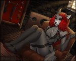 anthro black_nose clothed clothing detailed_background dominatrix female fishnet_clothing hair leather legwear red_eyes red_hair sitting smile solo stockings whip ariveil vermillion canid canine canis fox mammal vampire 2020 digital_media_(artwork)