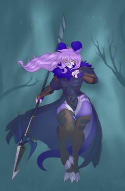 3_toes anthro armor big_feet breasts claws clothing feet female fur hair melee_weapon night outside pink_hair plant polearm purple_body purple_fur solo star thick_thighs toe_claws toes tree weapon wide_hips wind yellow_eyes gunmouth mora dorukolorukalai hi_res