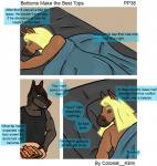 anthro bed canid canine colonel_klink comic dialogue digital_media_(artwork) duo english_text equid equine eyes_closed food furniture hi_res horse male mammal on_bed sleeping text under_covers