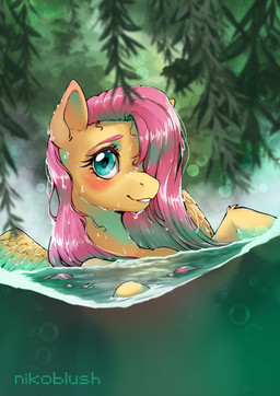 blush blush_lines blushing_profusely bokeh dripping dripping_contour dripping_water dripping_wet ear_blush eyebrows feathered_wings feathers female feral foot_in_water forest fur hair hair_over_eye half_submerged hand_in_water leg_in_water legs_in_water looking_at_viewer outside pink_hair plant raised_inner_eyebrows smile solo swimming tail_in_water teal_eyes teeth tree water wet_hair wings yellow_body yellow_fur conditional_dnp nikoyishi friendship_is_magic hasbro my_little_pony mythology fluttershy_(mlp) equid equine mammal mythological_creature mythological_equine pegasus 2025 absurd_res digital_drawing_(artwork) digital_media_(artwork) digital_painting_(artwork) hi_res painting_(artwork) portrait
