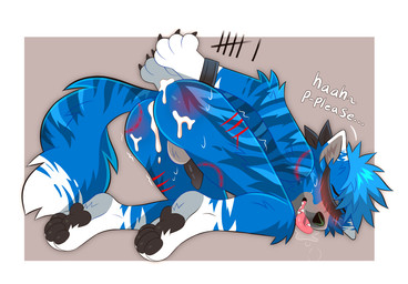 anthro ass_up balls bdsm bite_mark black_nose black_penis blindfold blood blue_body blue_fur blue_hair bodily_fluids bondage bound butt cum cum_on_butt drooling fur genital_fluids genitals hair hands_behind_back hands_tied lying male markings nude obscured_eyes on_front open_mouth penis pink_tongue saliva scratches short_hair solo striped_arms striped_markings striped_tail stripes tail tail_markings tongue tongue_out white_balls white_markings princelykaden canid canine mammal