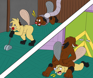 brown_body brown_fur buckteeth butt duo facesitting fur leaning lever male revenge robotic_arm shocked sitting_on_another smile split_screen teeth doggettdouglasmcdog nickelodeon the_angry_beavers daggett_beaver norbert_beaver beaver mammal rodent 6:5 absurd_res hi_res brother_(lore) sibling_(lore)