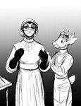 anthro clothing duo eyewear glasses nurse scrubs smile surgeon hladilnik deer_prince mary_ann_(hladilnik) american_opossum deer mammal marsupial 2021 black_and_white hi_res monochrome sketch