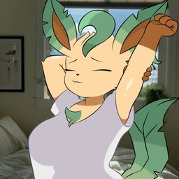 anthro anthrofied big_breasts breasts clothed clothing eyes_closed female fur pokemorph shirt smile solo stretching t-shirt tail topwear yellow_body yellow_fur evaacii nintendo pokemon eeveelution generation_4_pokemon leafeon pokemon_(species) 1:1 2025 digital_media_(artwork) hi_res