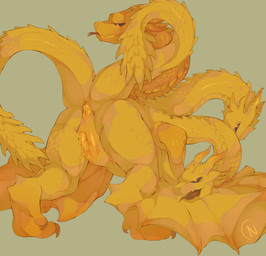 2_tails 3_heads anus black_sclera bodily_fluids butt female feral genital_fluids genitals membrane_(anatomy) membranous_wings multi_head multi_tail open_mouth presenting presenting_hindquarters presenting_vulva rear_view scales solo tail tongue tongue_out vaginal_fluids vulva wings yellow_body yellow_scales yellow_skin unknown_artist european_mythology godzilla_(series) greek_mythology mythology toho king_ghidorah dragon ghidorah_(species) hydra kaiju monster mythological_creature mythological_scalie reptile scalie western_dragon 2021 digital_drawing_(artwork) digital_media_(artwork) hi_res watermark