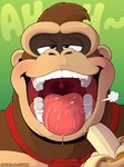 2023 alternate_version_at_source anthro ape banana bodily_fluids brown_body brown_fur bust_portrait colored digital_drawing_(artwork) digital_media_(artwork) donkey_kong_(character) donkey_kong_(series) dripping food fruit fur gorilla gums half-closed_eyes haplorhine hi_res kong looking_pleasured male mammal molars mouth_shot narrowed_eyes necktie nintendo open_mouth plant portrait primate saliva saliva_drip saliva_on_tongue saliva_string satisfied shaded sigh simple_background smile solo teeth themongrel tongue tongue_out uvula