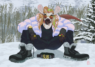 accessory anthro boots bottomwear cigar cigarette cigarette_in_mouth cigarette_smoke clock clothed clothing collar ear_piercing eyewear footwear fur glasses gold_(metal) hair highlights_(coloring) laces long_hair looking_at_viewer male mountain object_in_mouth on_ground orange_hair outside pants piercing plant puffer_jacket ring shirt shoes sitting smoke smoking solo sunglasses tail tank_top text topwear tree watch winter_boots winter_coat yellow_eyes xdarkspace ravios mammal marsupial absurd_res digital_media_(artwork) english_text hi_res