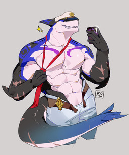 abs anthro belt biceps bottomwear clothing electronics fin hat headgear headwear looking_at_viewer male muscular muscular_anthro muscular_male navel pants phone scar solo tail teeth hoshimiy4a xxl_woofia captain_locke_(xxl_woofia) fish marine shark 5:6 absurd_res hi_res
