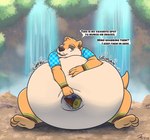 2024 anthro belly big_belly clothing english_text gaping_navel hand_on_belly male mammal mustelid navel navel_fetish navel_penetration navel_stretch otter overweight overweight_male penetration rumbling_stomach shirt sitting snacks solo tanio text topwear waterfall