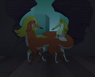 city city_background collar duo female female/female feral lidded_eyes looking_back seductive tail toony frassed fixed_(film) honey_(fixed) molasses_(fixed) borzoi canid canine canis domestic_dog hunting_dog mammal sighthound hi_res