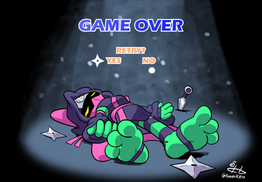 3_toes feet female foot_focus game_over gameplay_mechanics lying lying_on_ground on_ground paws solo toes unconscious innerkero keroberry1 natsuko_(keroberry1) amphibian frog hi_res
