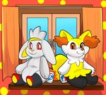 anthro dipstick_tail duo female hair inner_ear_fluff inside looking_at_viewer male markings orange_eyes orange_inner_ear_fluff orange_nose orange_tail_tip plushie red_eyes shelf sitting smile smiling_at_viewer tail tail_markings tuft white_body white_ears white_hair window yellow_body yellow_ears yellow_inner_ear yellow_nose yellow_tail rindeadsong nintendo pokemon animate_inanimate braixen generation_6_pokemon generation_8_pokemon living_plushie pokemon_(species) raboot 2024 cel_shading colored digital_media_(artwork) hi_res shaded