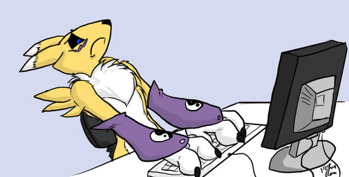 anthro armwear black_sclera blue_eyes bridal_gauntlets chair chest_tuft clothing computer computer_keyboard computer_monitor countershading electronics female flat_screen_monitor frown fur furniture horrified monitor multicolored_body multicolored_fur office_chair simple_background solo tuft two_tone_body two_tone_fur white_background white_body white_fur yellow_body yellow_fur yin_yang yellowdog bandai_namco digimon canid canine digimon_(species) mammal renamon digital_media_(artwork) reaction_image signature
