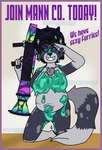 alfonzo_poopypants anthro big_breasts black_hair blue_eyes breasts canid canine canis chest_tuft clothing convenient_censorship covered_in_slime dripping_slime english_text female front_view fur gesture hair hat hat_only headgear headgear_only headwear headwear_only hi_res kneeling lilithdog looking_at_viewer mammal markings mostly_nude multicolored_body multicolored_fur navel pawpads propaganda propaganda_poster ranged_weapon rocket_launcher salute short_hair slightly_chubby slime slime_on_body smile solo spots spotted_body team_fortress_2 text tuft valve weapon wolf