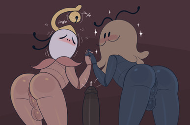 anthro anus backsack balls bell black_penis blush bodily_fluids butt disembodied_penis genital_fluids genitals gradient_background group hand_holding leaking_precum male nervous onomatopoeia penis precum presenting presenting_hindquarters shaking simple_background sound_effects sparkles text trio gemsum hollow_knight:_silksong hollow_knight_(franchise) team_cherry mooshka_(hollow_knight:_silksong) pavo_(hollow_knight:_silksong) arthropod 2025 hi_res