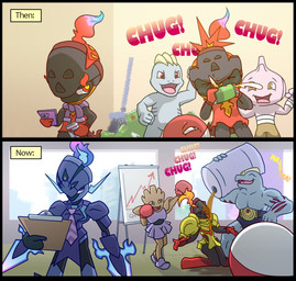 alcohol alcohol_consumption ambiguous_gender annoyed anthro beverage beverage_can cellphone cheering clipboard dialogue electronics group happy humor kneeling male necktie office phone smartphone sb_torchic nintendo pokemon armarouge ceruledge charcadet electrode_(pokemon) generation_1_pokemon generation_2_pokemon generation_9_pokemon hitmonchan machoke machop pokemon_(species) tyrogue voltorb comic