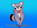 anthro artificial_intelligence bathroom_control bodily_fluids desperation genital_fluids male omorashi on_model potty_dance solo text virus reallytiredfox indigo_park rambley_raccoon mammal procyonid raccoon animated english_text short_playtime