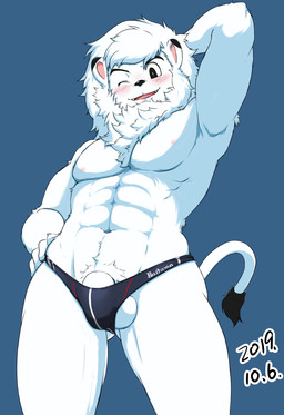 abs anthro athletic athletic_anthro athletic_male balls black_body black_ears black_fur black_tail blush clothed clothing dipstick_tail fur genitals hand_behind_head hand_on_hip male markings mascot multicolored_ears navel one_eye_closed pecs penis penis_base pose solo tail tail_markings tongue two_tone_ears two_tone_tail white_balls white_body white_ears white_fur white_penis white_tail wink chirasgi nippon_professional_baseball saitama_seibu_lions leo_(saitama_seibu_lions) felid lion mammal pantherine 2019 dated
