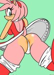 anthro anus anus_slip big_butt blush boots breasts butt camel_toe clothed clothing dress female footwear green_background green_eyes medium_breasts panties shoes simple_background solo tail underwear upskirt lozzart sega sonic_the_hedgehog_(series) amy_rose eulipotyphlan hedgehog mammal 2023 hi_res