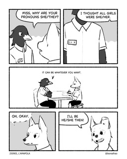 anthro clothed clothing collared_shirt confusion dialogue duo fur furniture genderfluid humor name_tag shirt sitting slice_of_life speech_bubble table text topwear uniform white_body white_fur young borealhao conditional_dnp lamapola logan_(lamapola) skillet_(lamapola) avian bird canid canine canis corvid corvus_(genus) crow domestic_dog mammal oscine passerine 4:5 absurd_res comic english_text hi_res monochrome nonbinary_(lore)